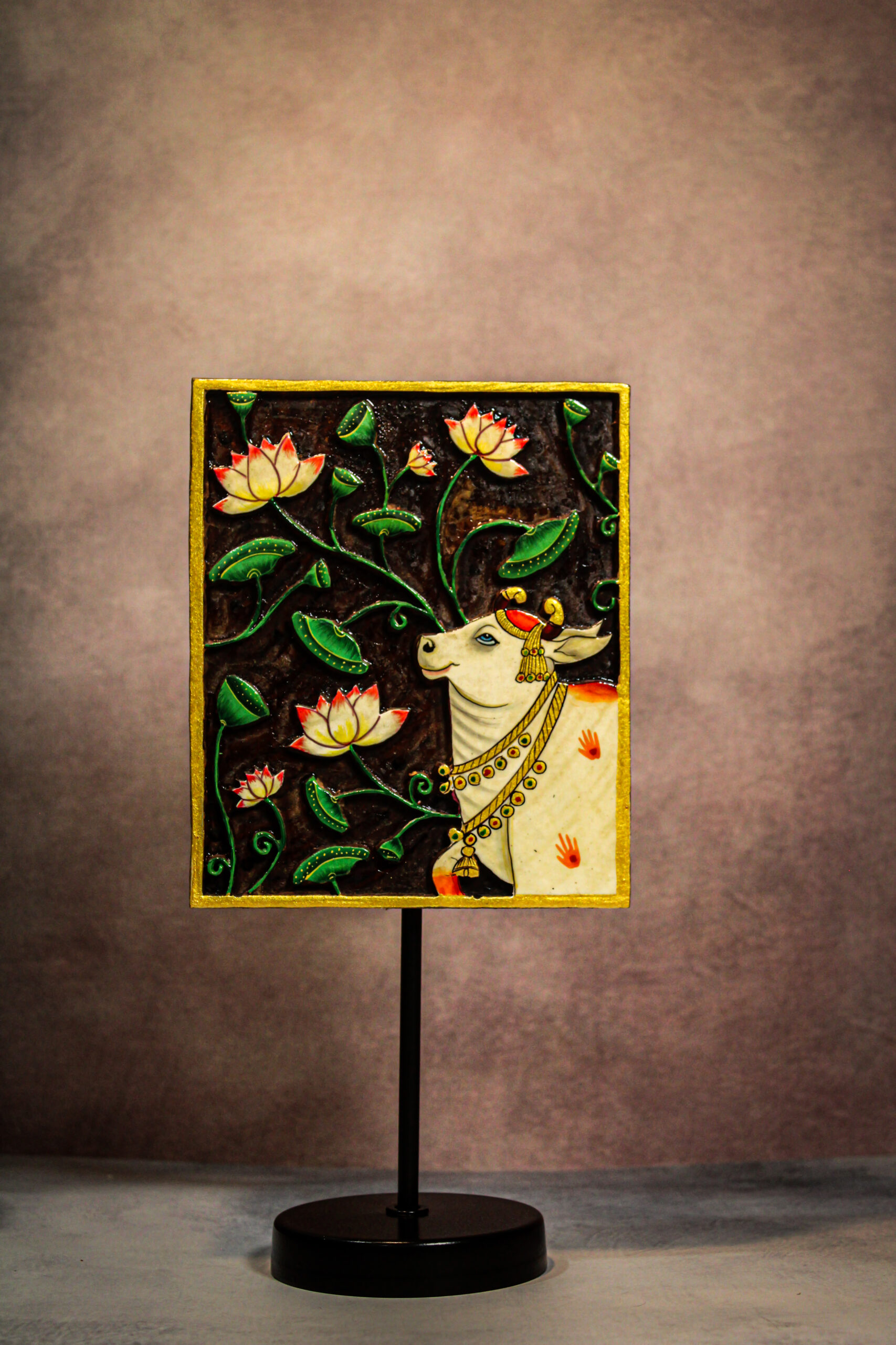 Divine Cow & Lotus Wooden Carving Decor | Handcrafted Traditional Artwork