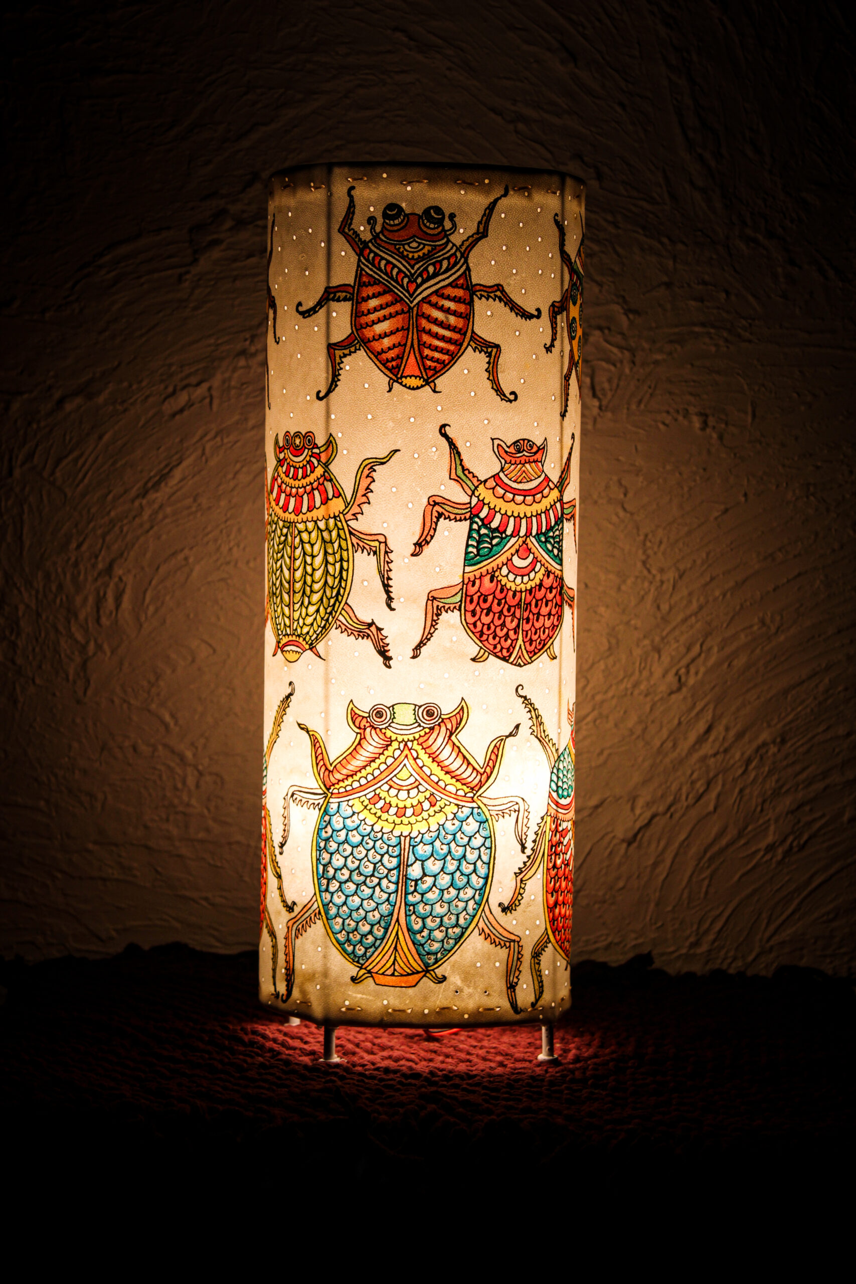 Hand-Painted Leather Table Lamp – 19 Inch | Colorful Bugs Design