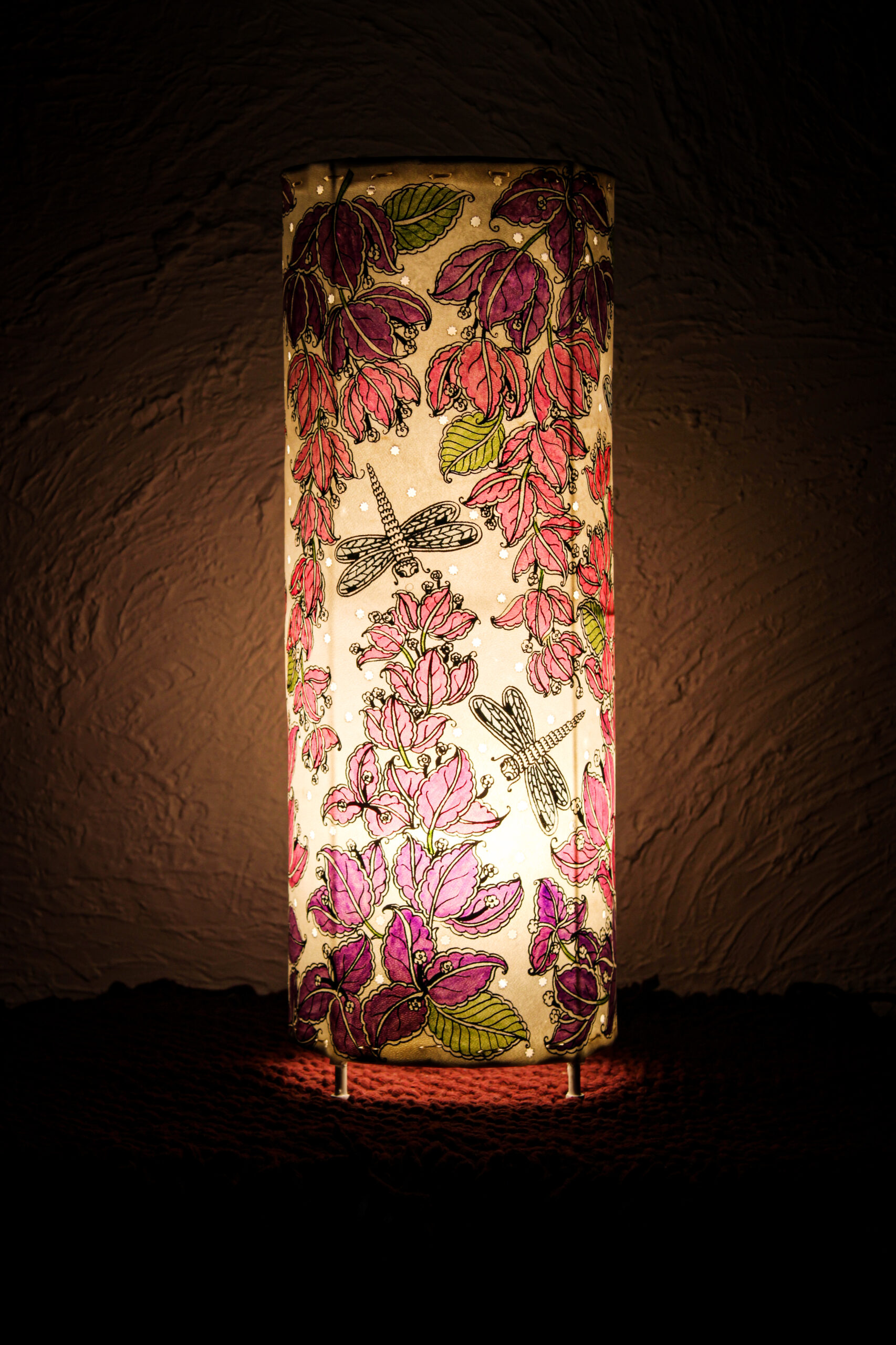 Hand-Painted Leather Table Lamp – 19 Inch | Floral & Dragonfly Design