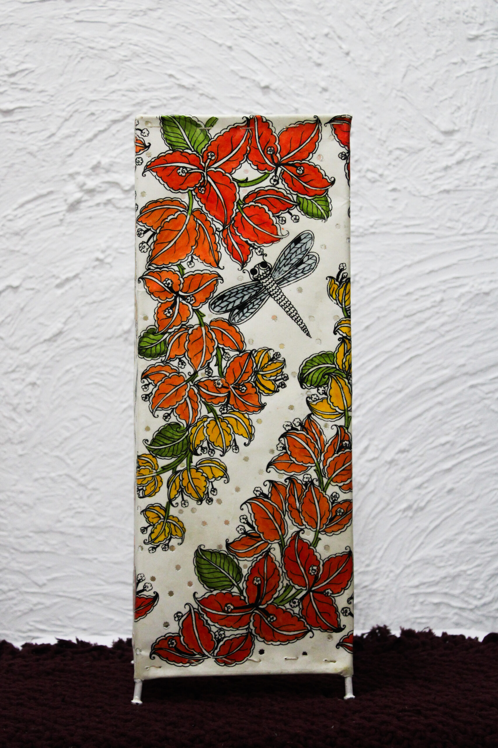 Hand-Painted Leather Square Lamp – 19 Inch | Floral & Dragonfly Design