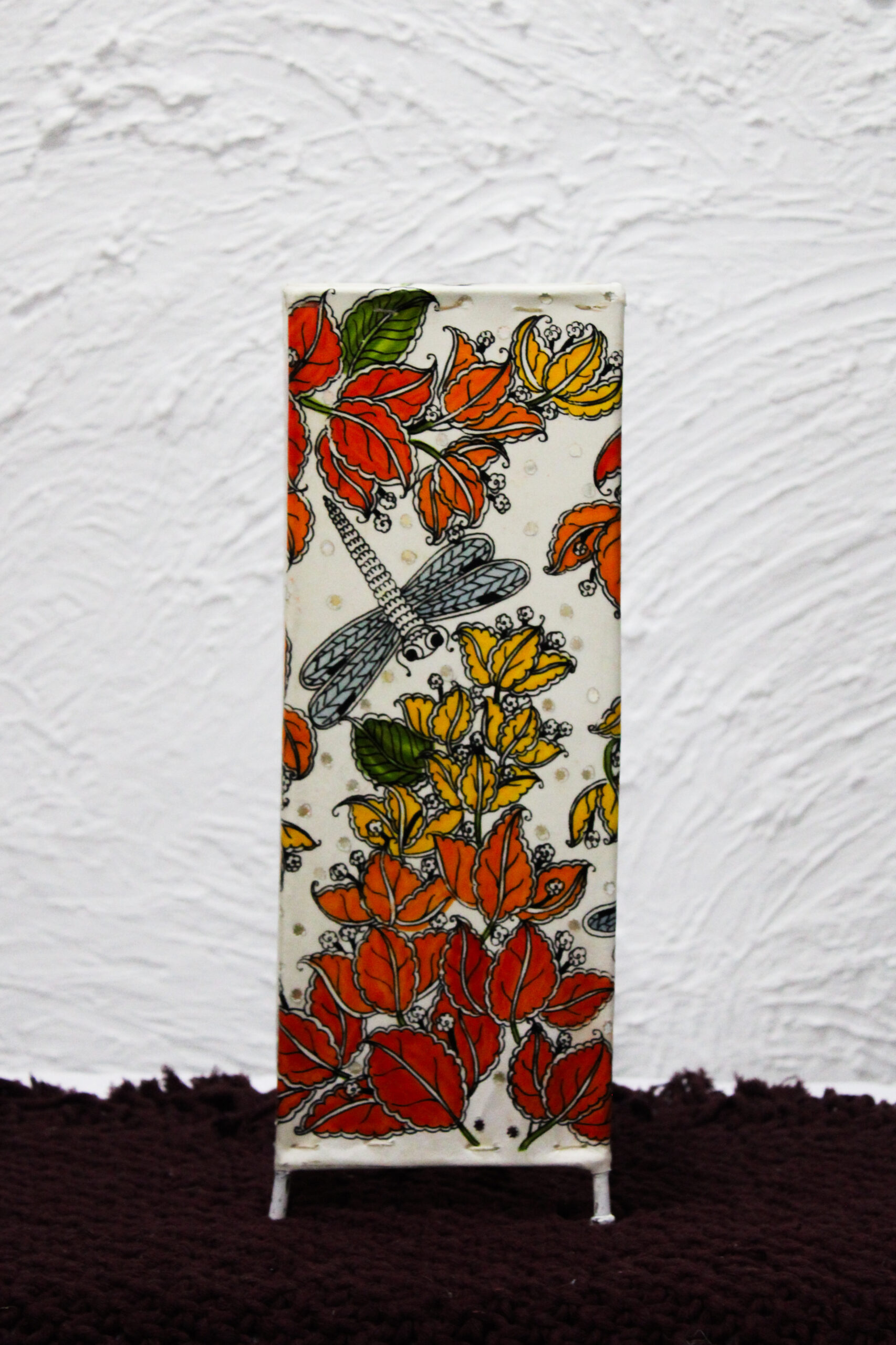 Hand-Painted Leather Square Lamp – 14 Inch | Floral & Dragonfly Design