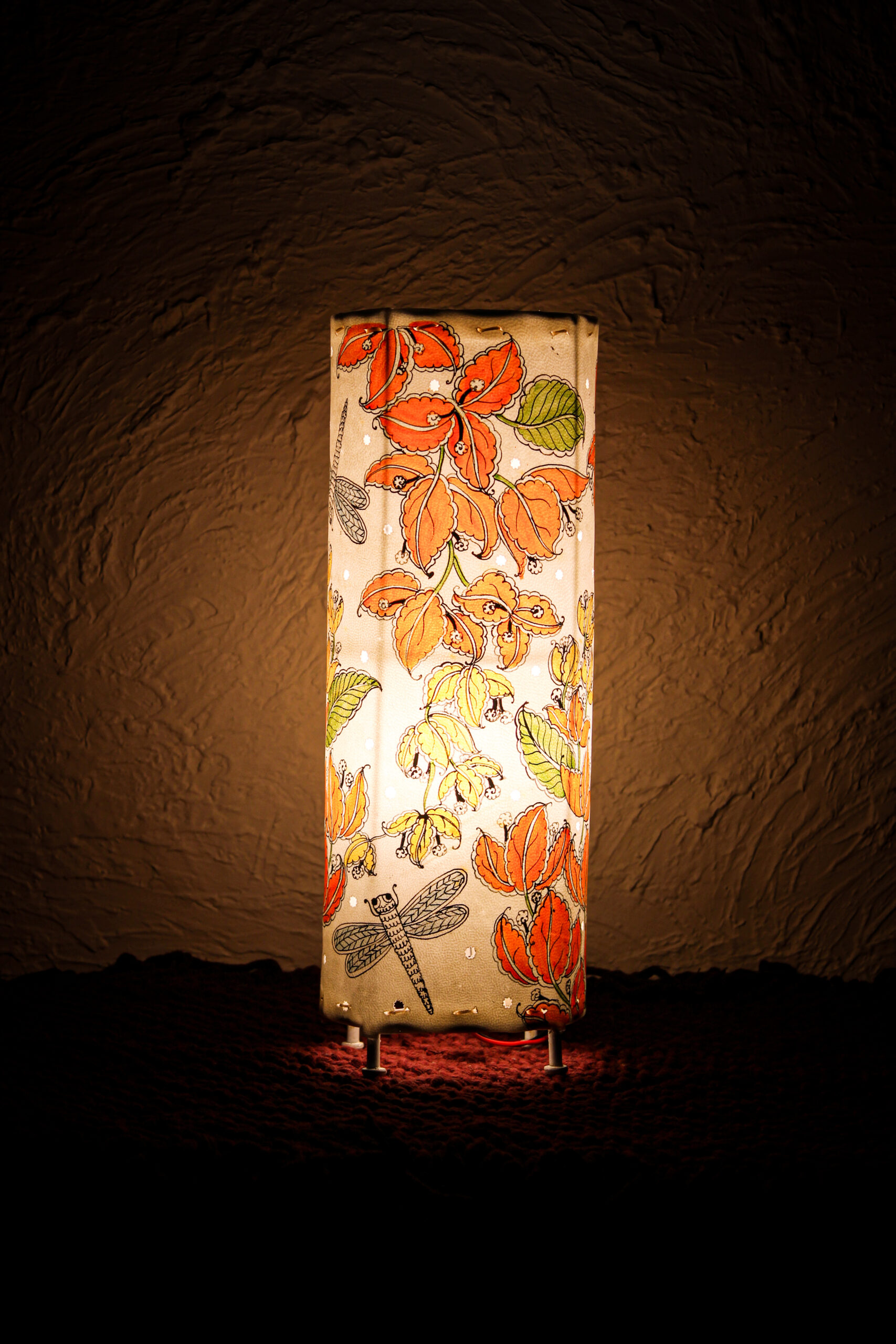 Hand-Painted Leather Round Lamp – 14 Inch | Floral & Dragonfly Design