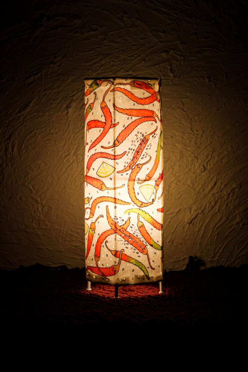 Hand-Painted Leather Round Lamp – 14 Inch | Chili Pepper Design