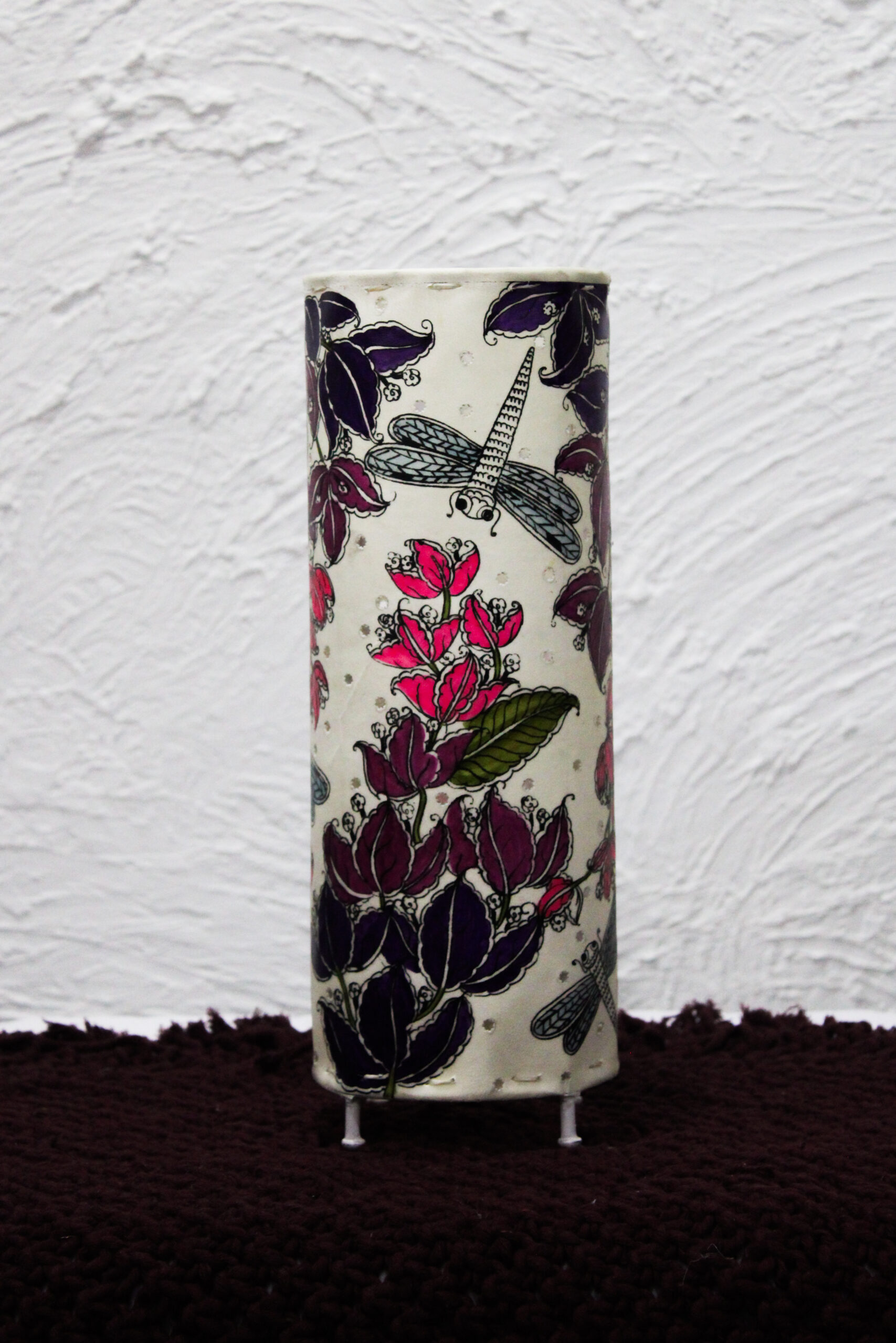 Hand-Painted Leather Round Lamp – 14 Inch | Purple Floral & Dragonfly Design