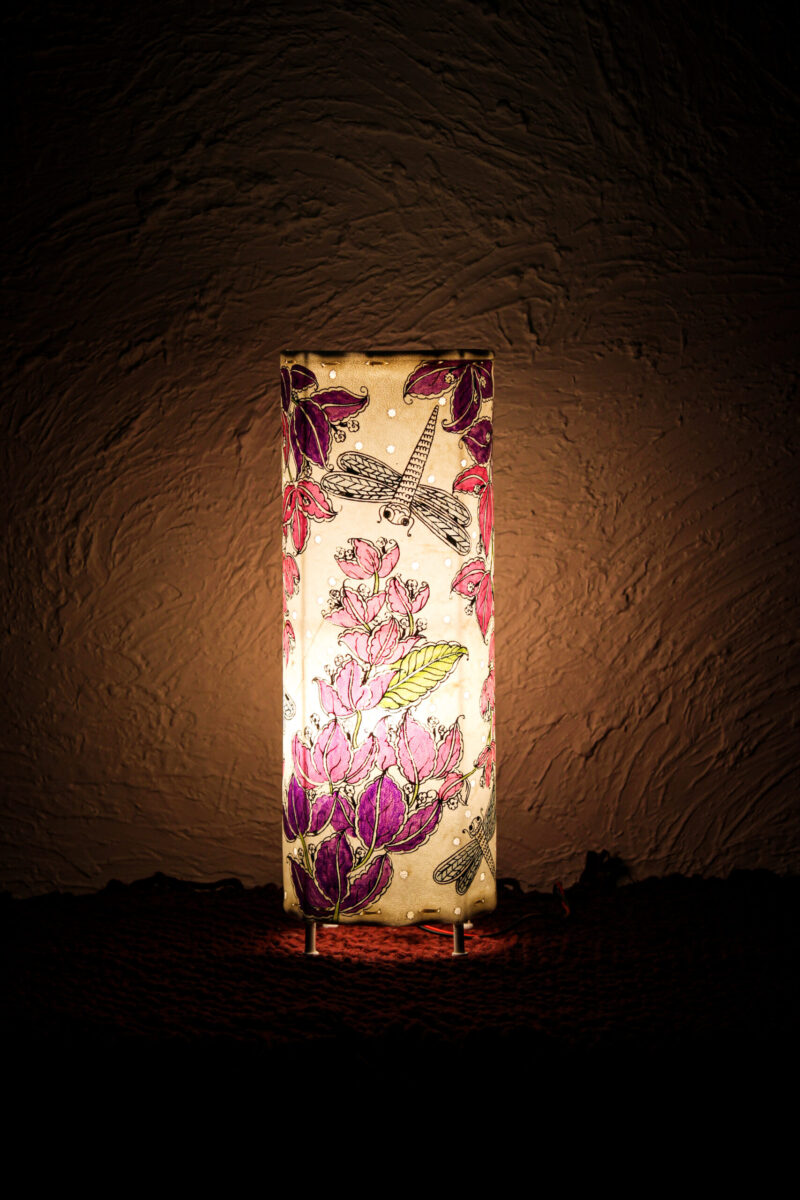 Hand-Painted Leather Round Lamp – 14 Inch | Purple Floral & Dragonfly Design