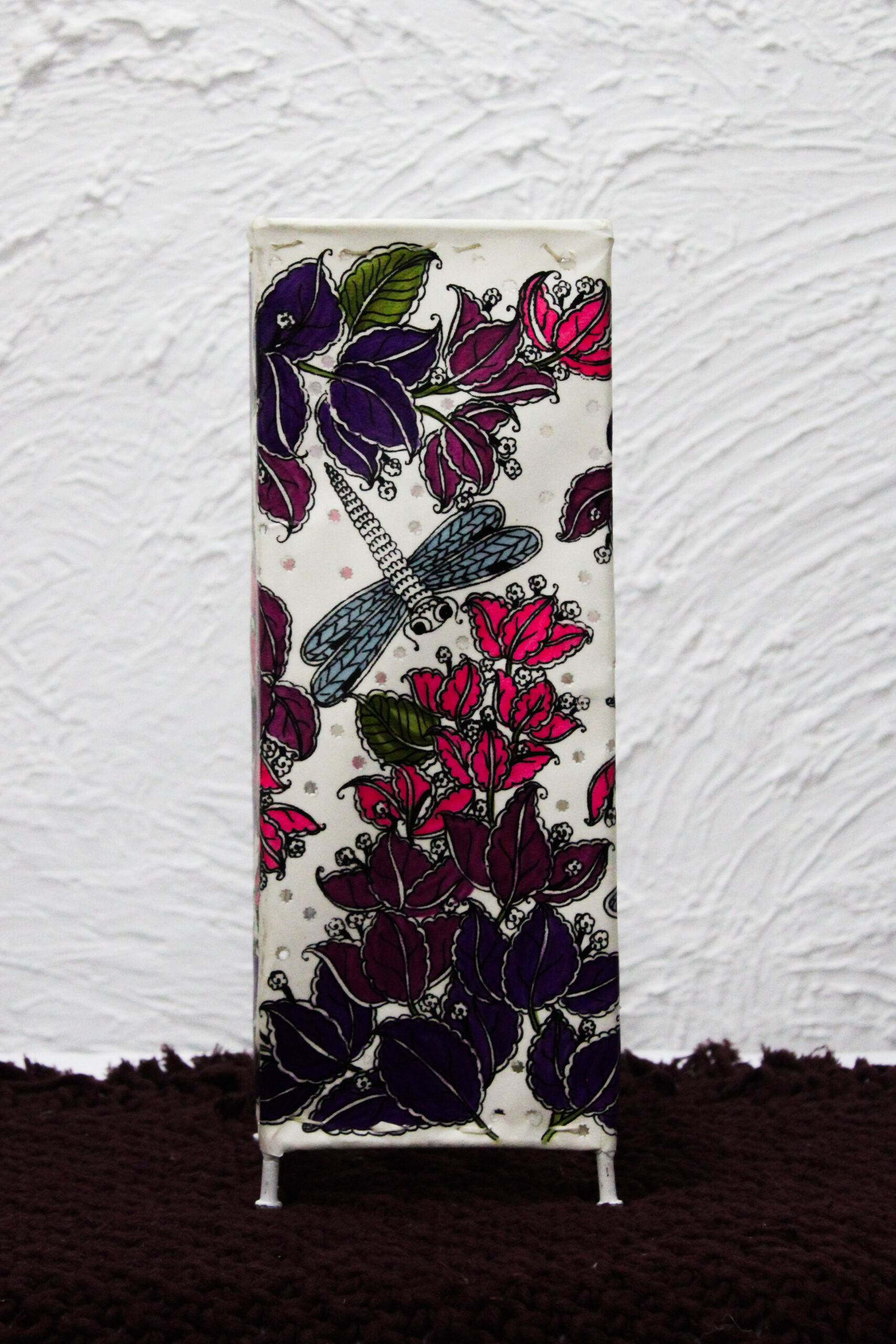Hand-Painted Leather Square Lamp – 14 Inch | Purple Floral & Dragonfly Design