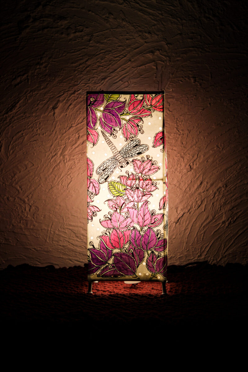Hand-Painted Leather Square Lamp – 14 Inch | Purple Floral & Dragonfly Design