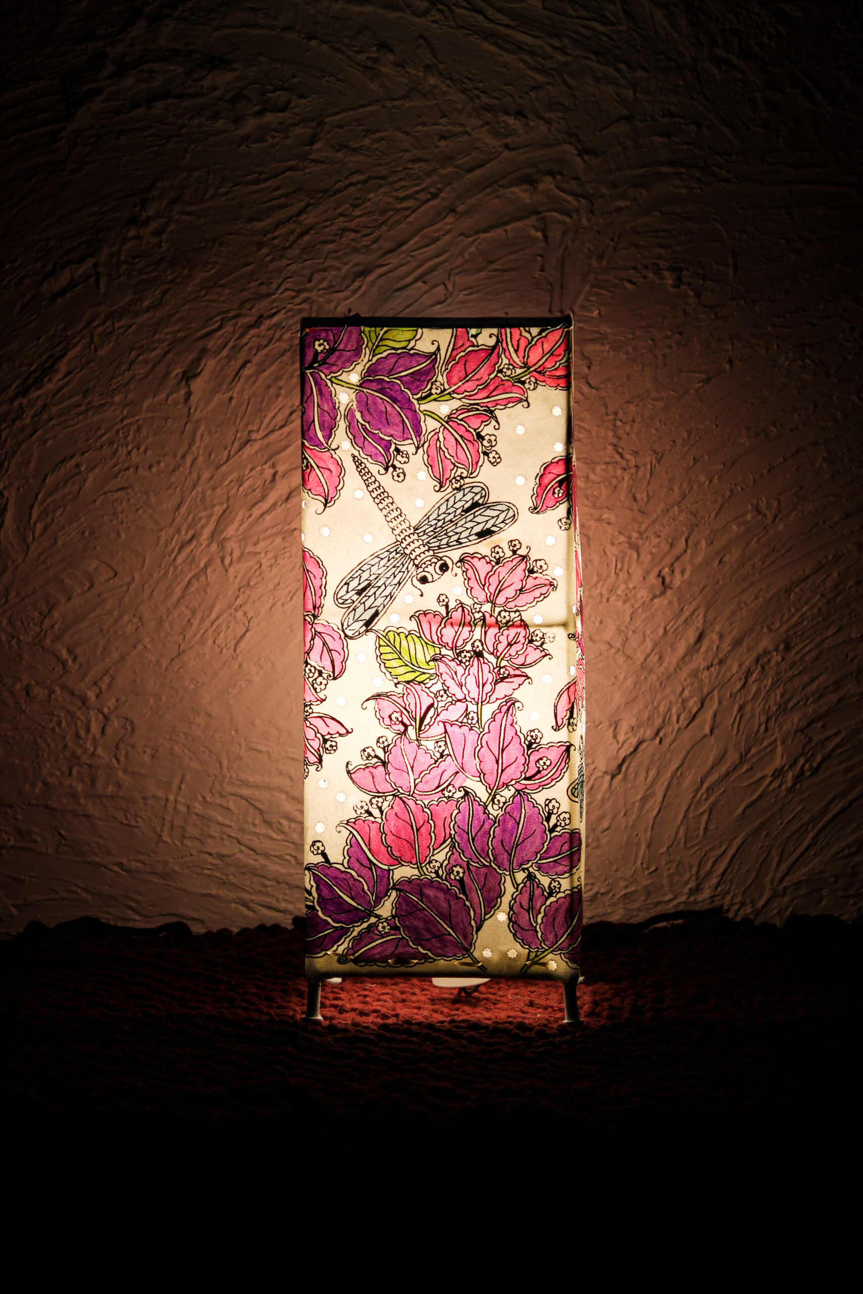 Hand-Painted Leather Square Lamp – 14 Inch | Purple Floral & Dragonfly Design