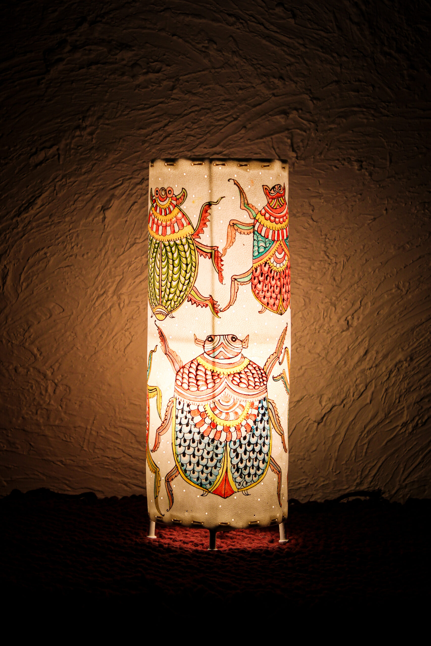 Hand-Painted Leather Round Lamp – 14 Inch | Colorful Bug Design